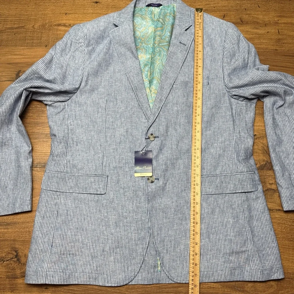 NEW Alan‎ Flusser XL Blue White Striped Linen Blend Blazer Jacket Preppy Paisley